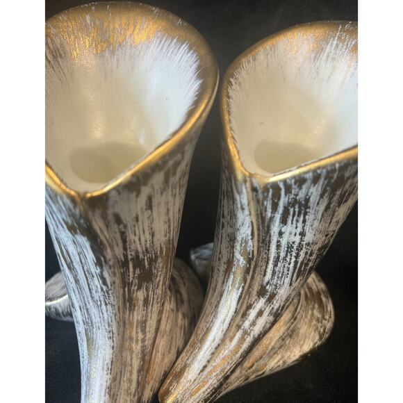 Set 2 Vintage MCM Haeger Tweed Calla Lily Candle Holder Vase 22K Gold Trim Pair - Picture 2 of 16